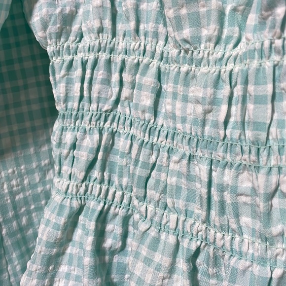 LEYDEN chambray smock elastic high waist balloon offshoulder gingham dress green - Picture 9 of 12